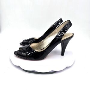 J Vincent Shoe Women's 8.5 Merry Patent Leather  Heel Criss Cross Peeptoe Pumps